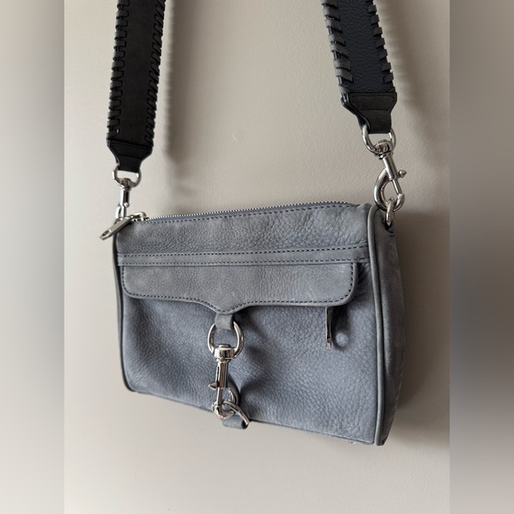 REBECCA MINKOFF MINI M.A.C. CROSSBODY WITH GUITAR STRAP IN DUSTY BLUE NUBUCK - Picture 1 of 13